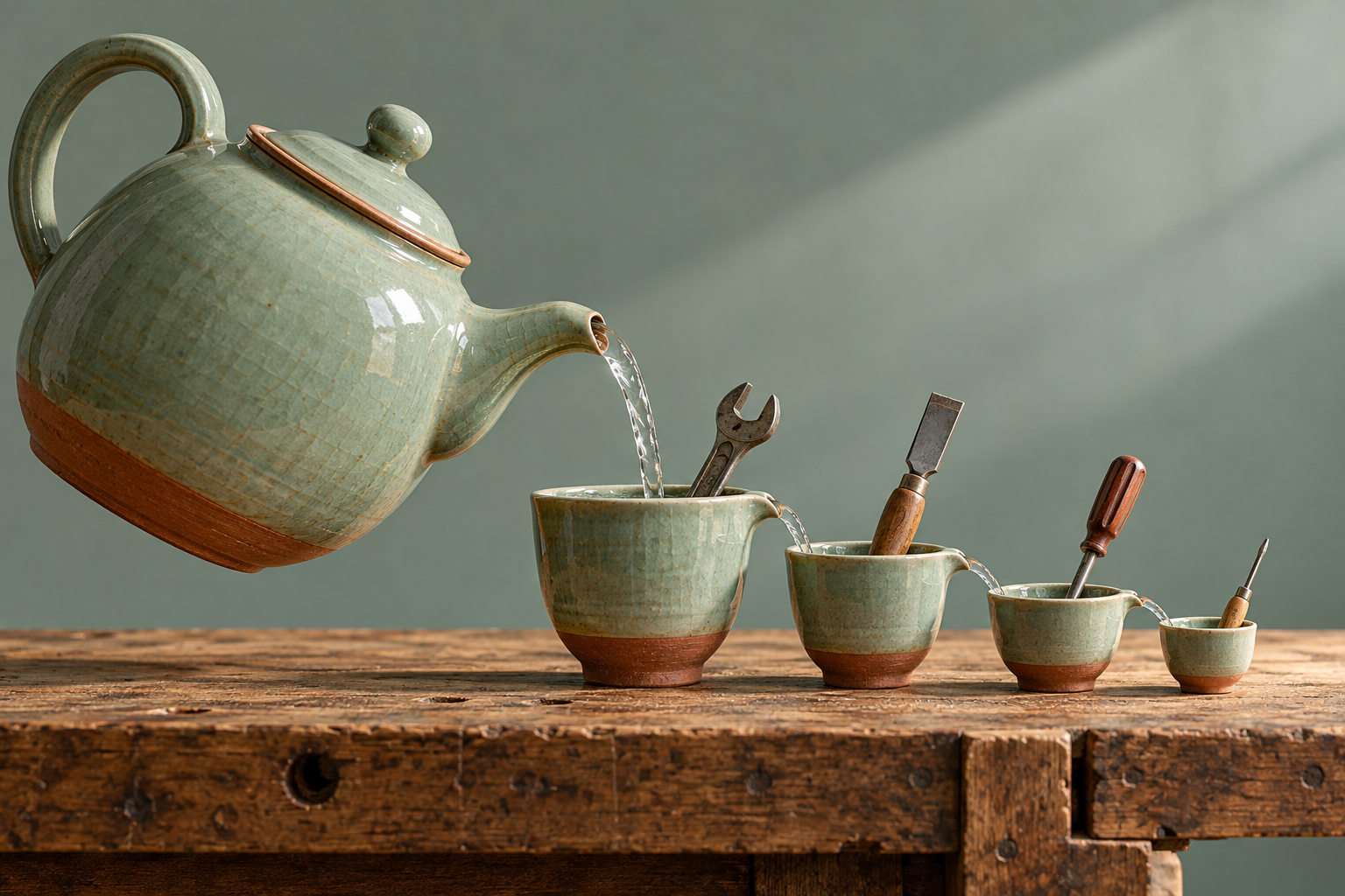 A large ceramic teapot pours into a row of smaller cups, each holding a tiny workshop tool.