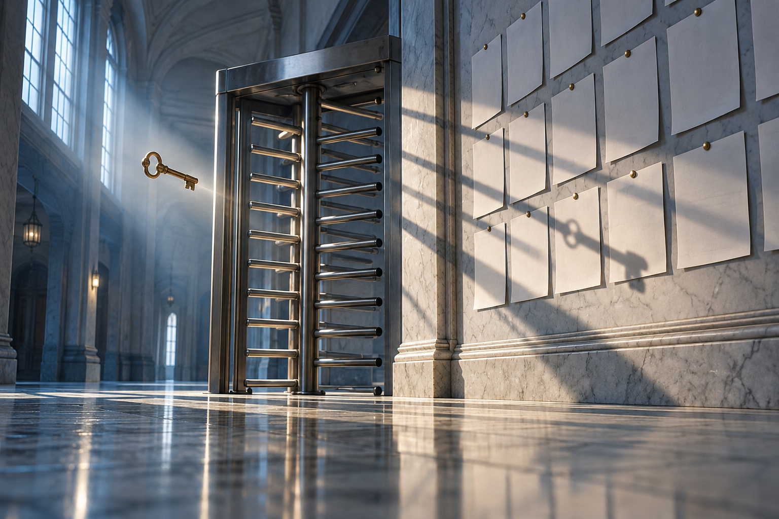 A brass key floats in front of a steel turnstile in an empty marble hallway lined with blank tally sheets.