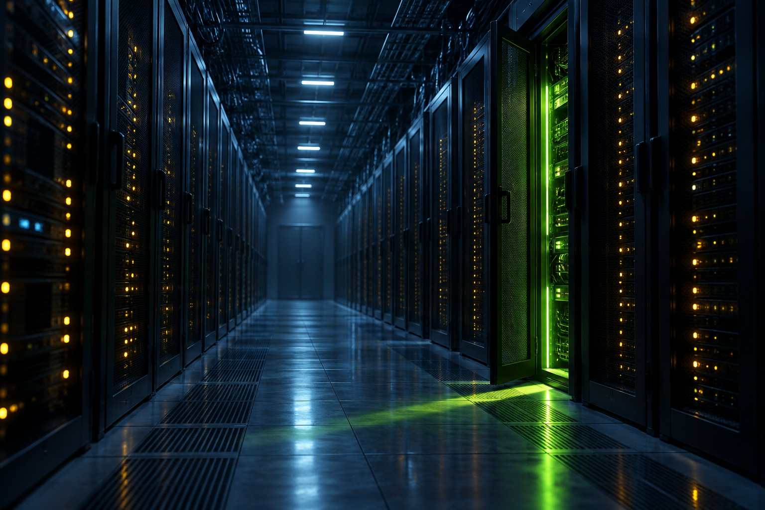 In a dark server aisle, a green beam spills from one open rack door while amber lights glow along the other racks.