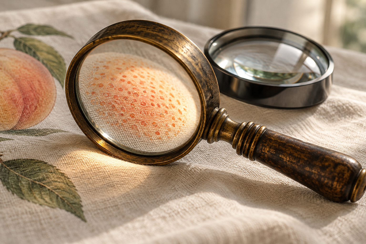 A worn brass magnifier focuses a warm circle of light on a skin-like texture beside a glossy modern lens.