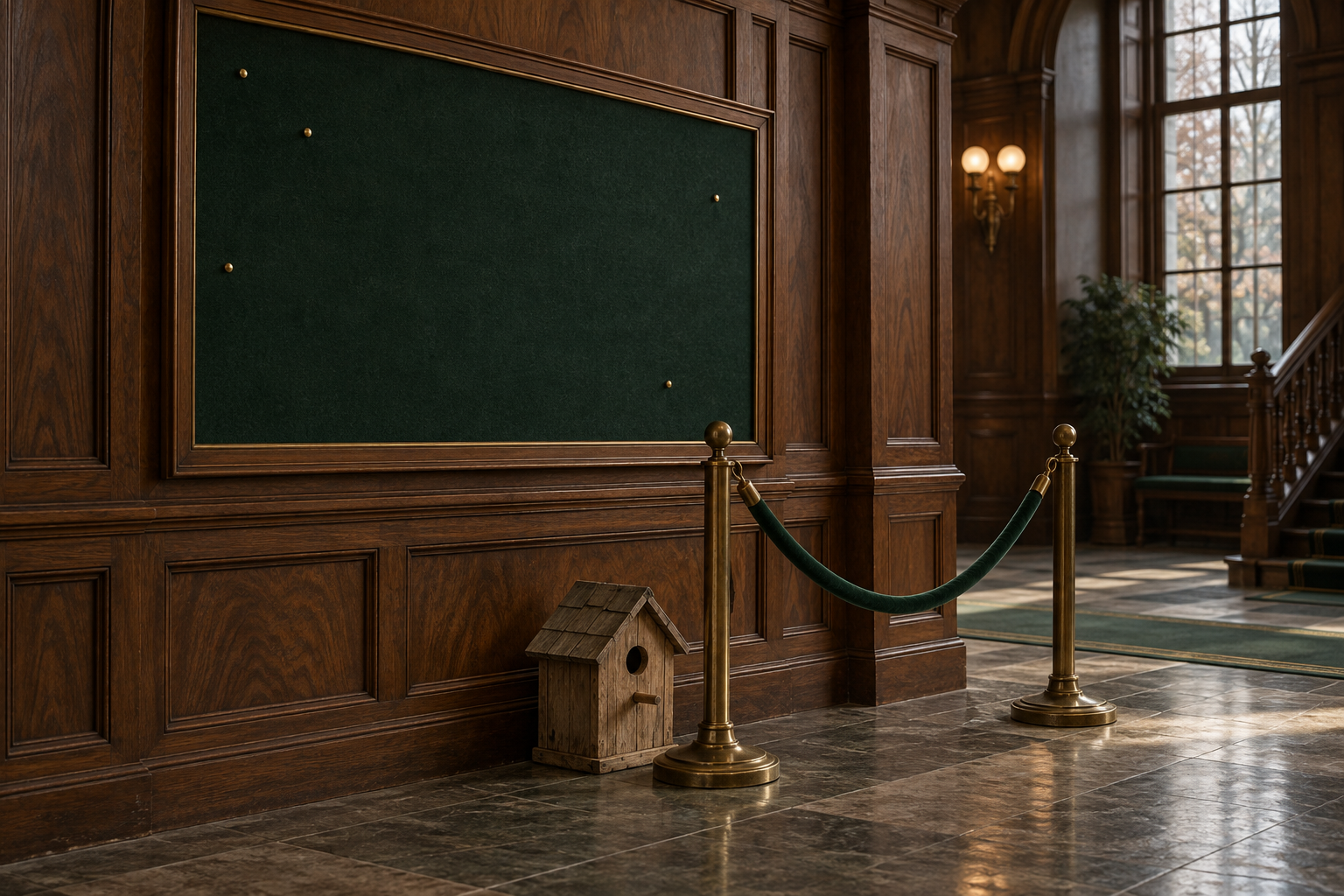A handmade birdhouse sits on the floor beside a velvet rope barrier below a nearly bare notice board.