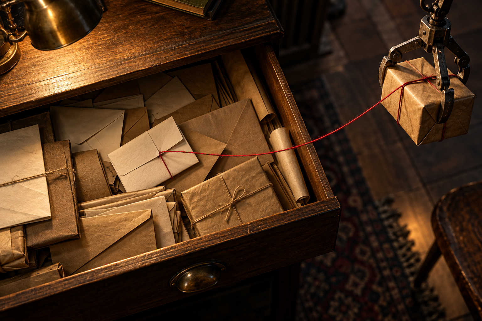 Seen from above, a red thread runs from a folded note in a cluttered drawer to a package that a mechanical claw is lifting.