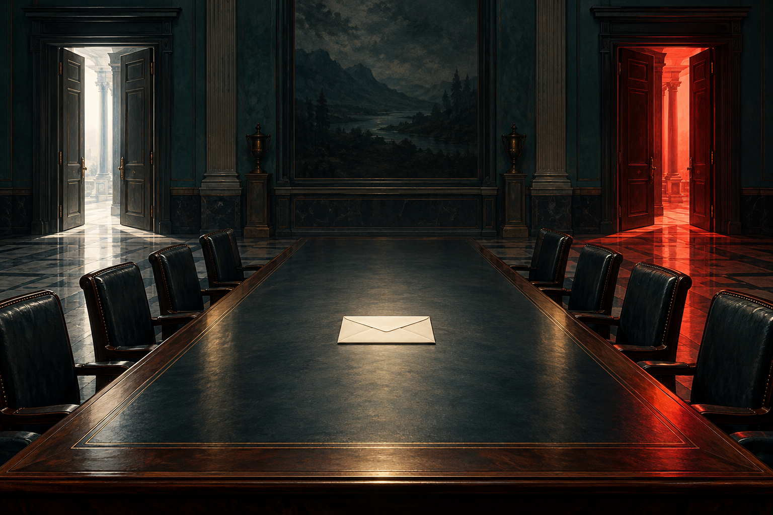 A sealed envelope lies on a long empty conference table between two half-open doors, one lit white and one lit red.