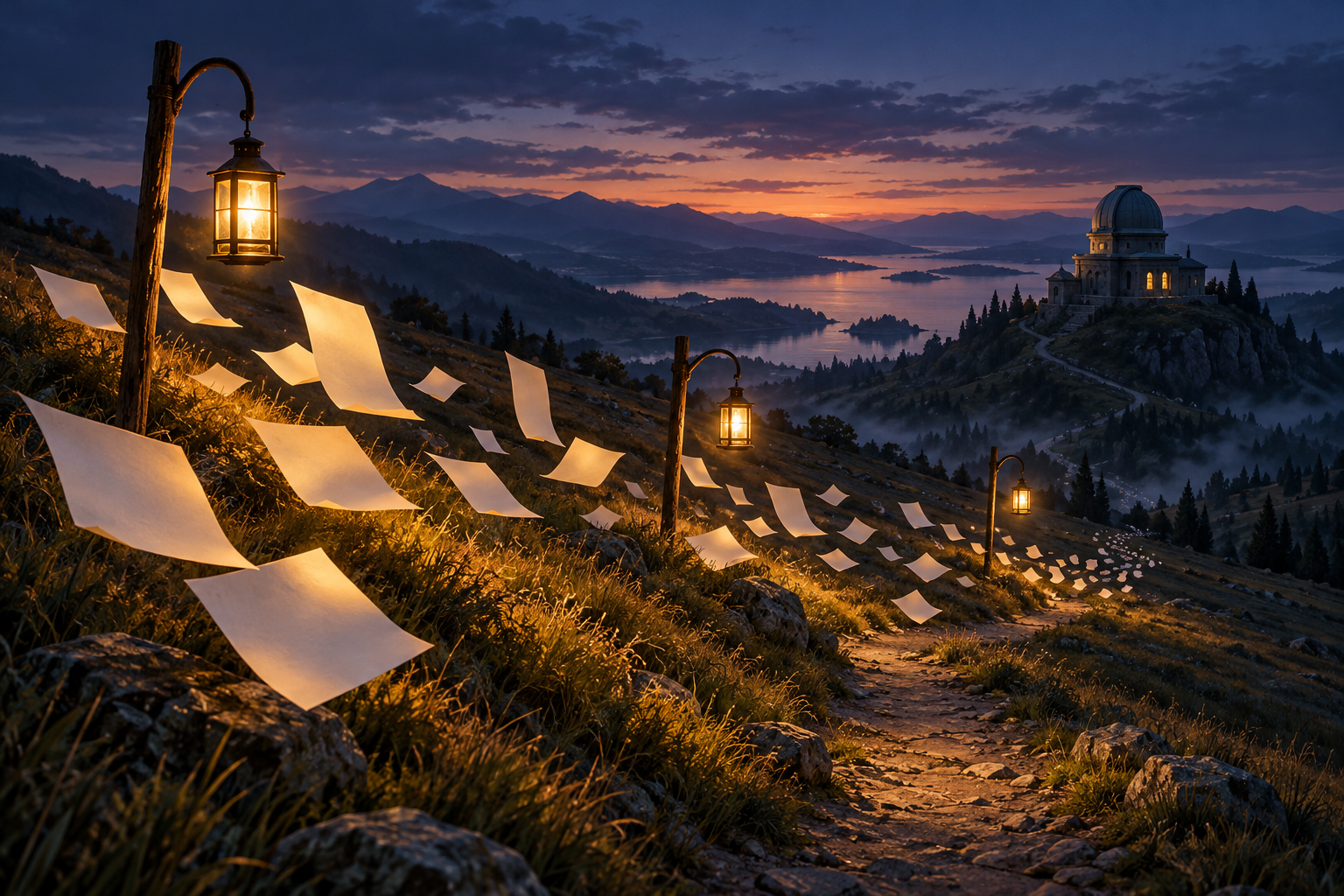 Three lanterns on crooks guiding a drift of blank paper sheets down a hillside at dusk.