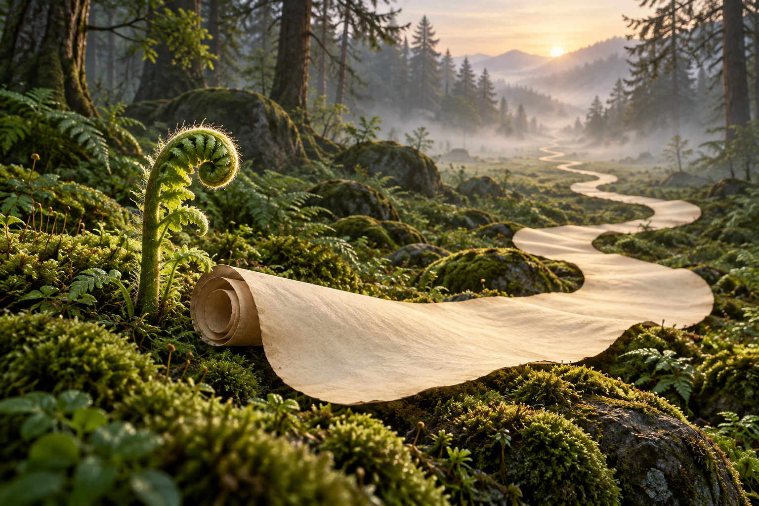 A fern frond unfurling beside a blank scroll that stretches across a forest clearing to the horizon.