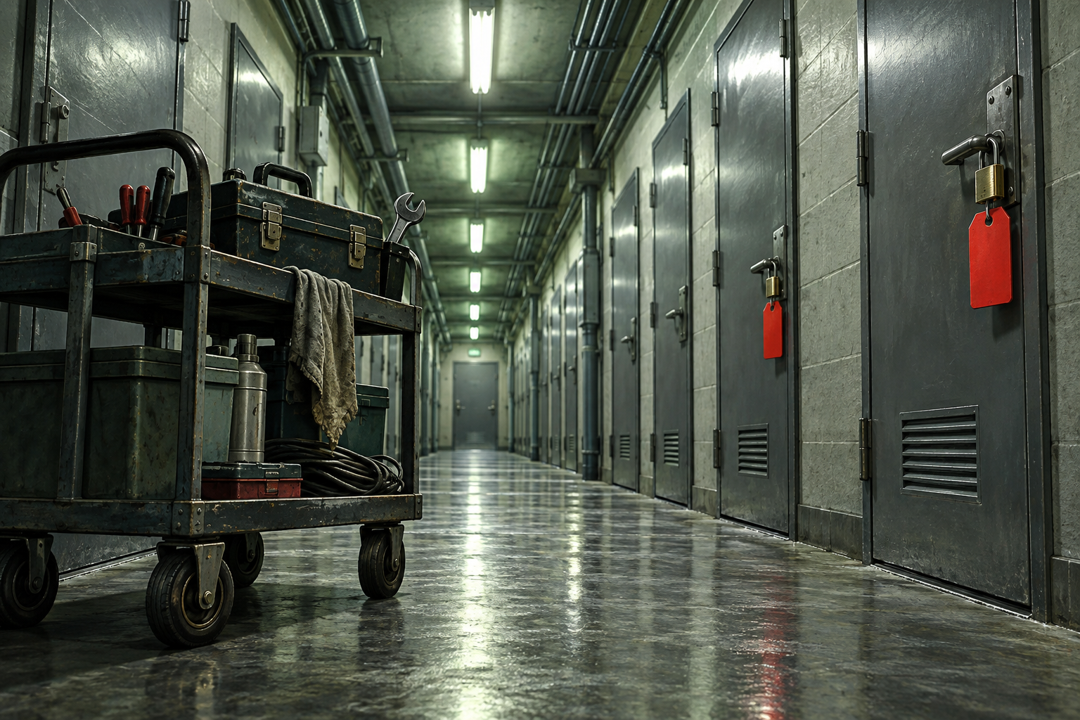 A corridor of steel doors where two doors carry red tags and new padlocks.