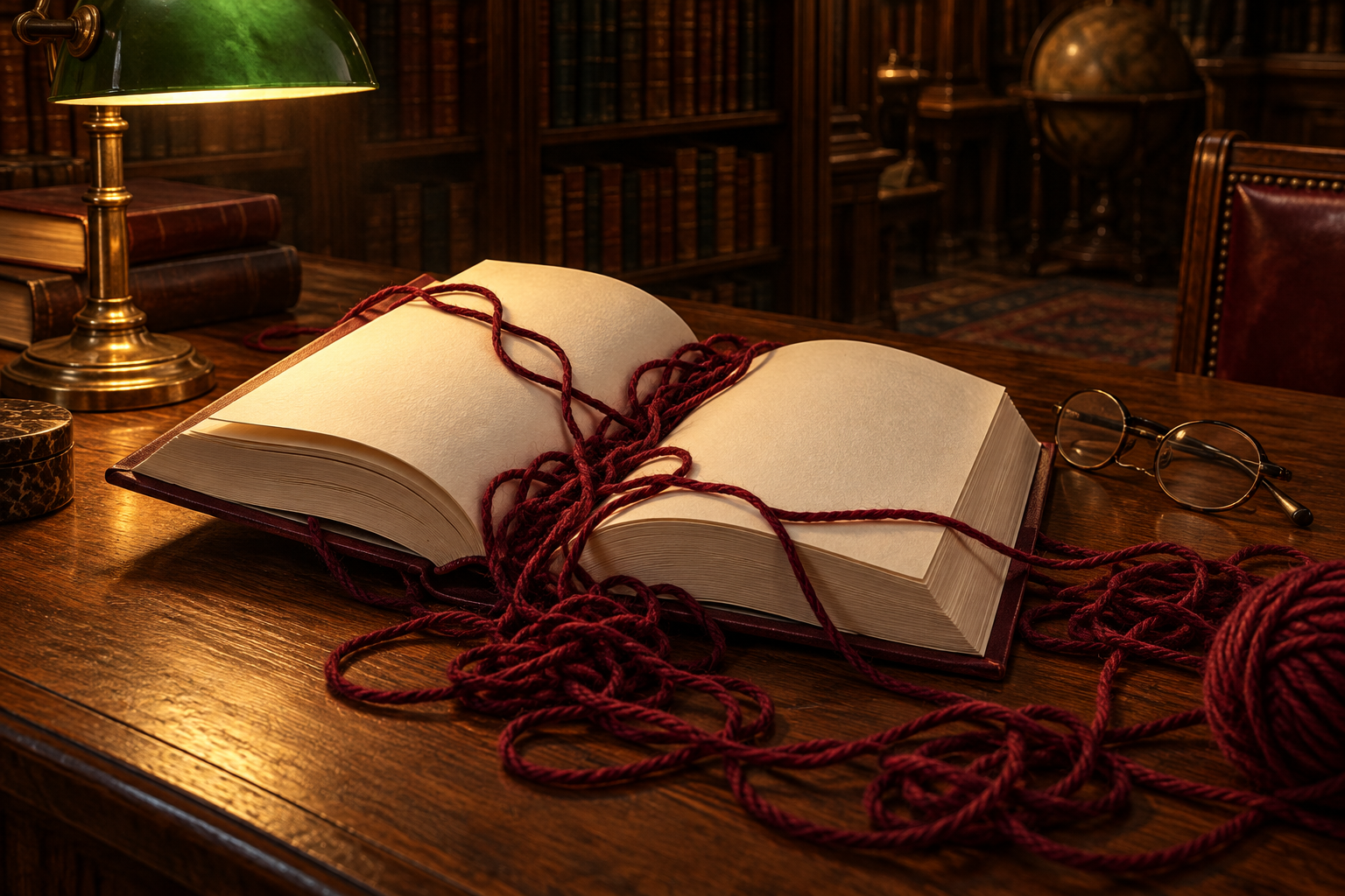 Tangled burgundy yarn spilling from an open book on a lamplit library table.