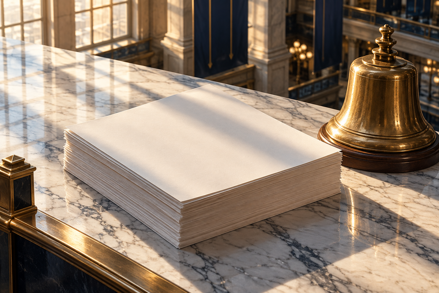 A thick stack of blank pages and a brass bell on a marble desk in morning light.
