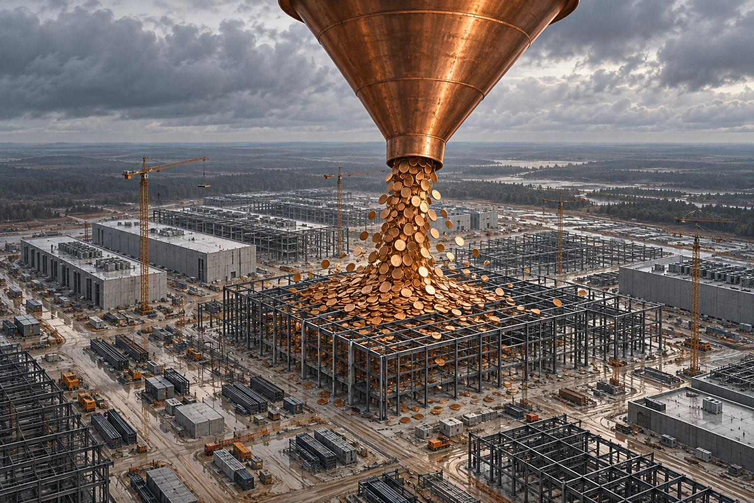 A giant copper funnel pouring coins onto a data center construction site seen from above.