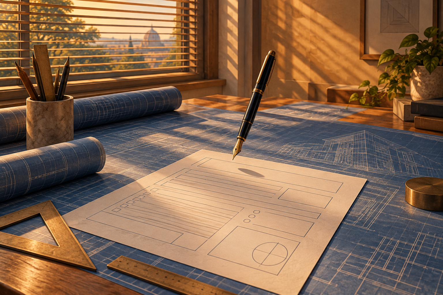 A pen hovering by itself over a paper form on a drafting table in afternoon sunlight.