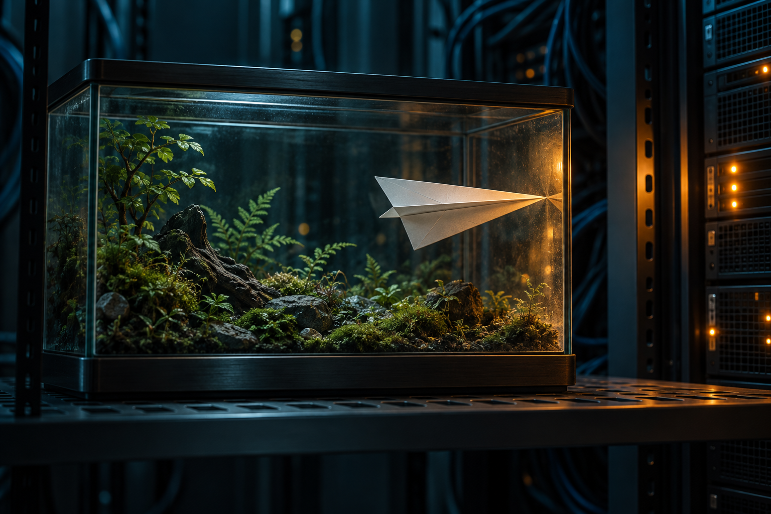 A paper airplane stopped against the inside wall of a sealed glass case in a dim server closet.