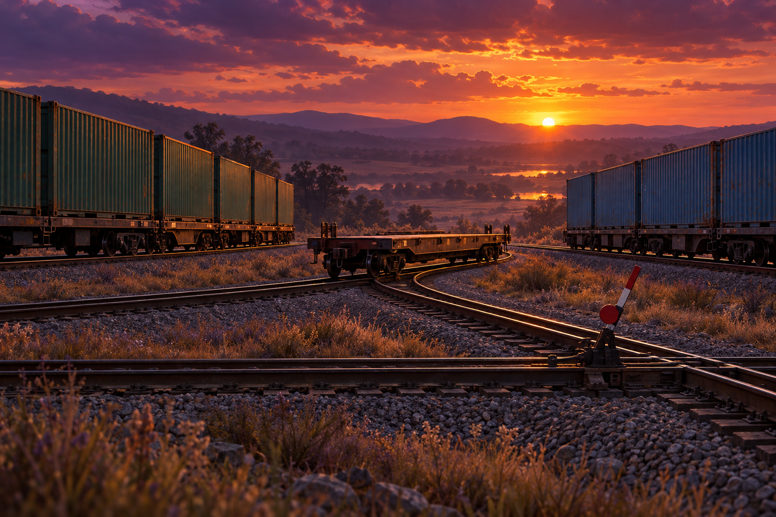 Two freight trains sit on parallel tracks at dusk as a switch routes an empty flatcar from one line to the other.