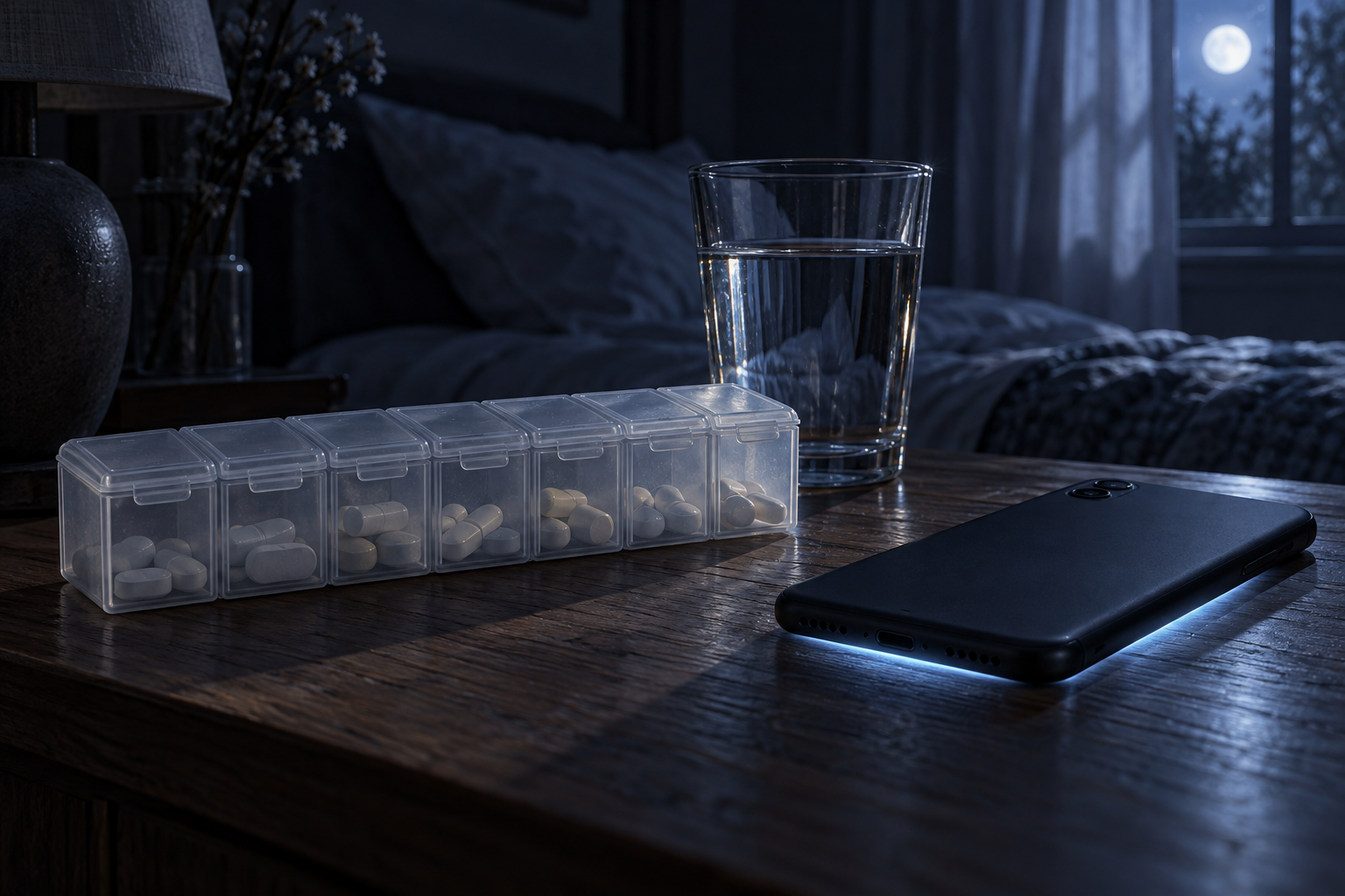 A bedside table at night with an untouched pill organizer, a glass of water and a face-down glowing phone.