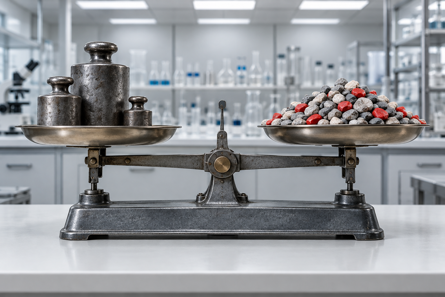 A laboratory balance holds a few heavy weights on one side and many small red pebbles on the other.
