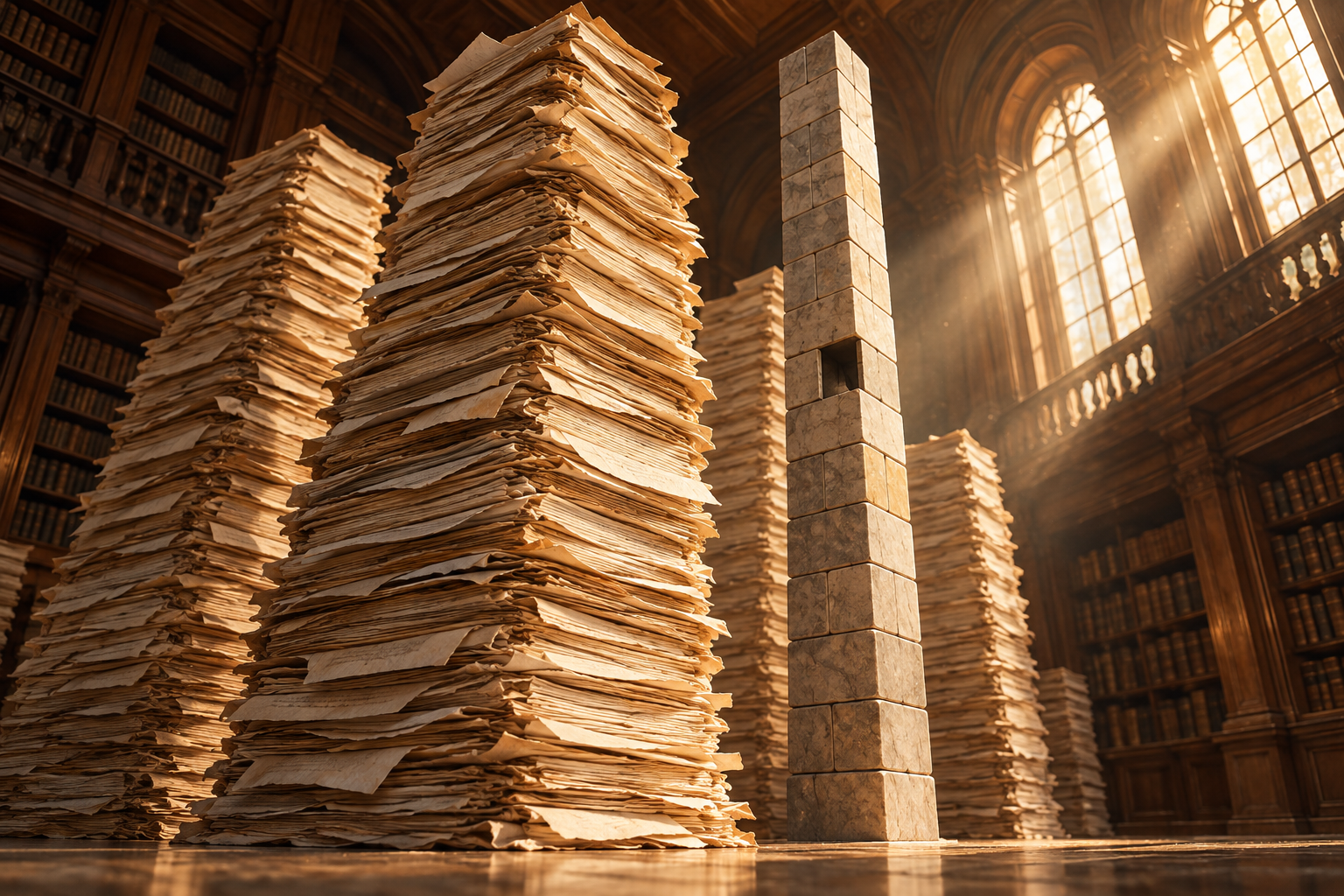 Tall stacks of manuscript pages stand beside an equally tall column of stone blocks with one block missing.
