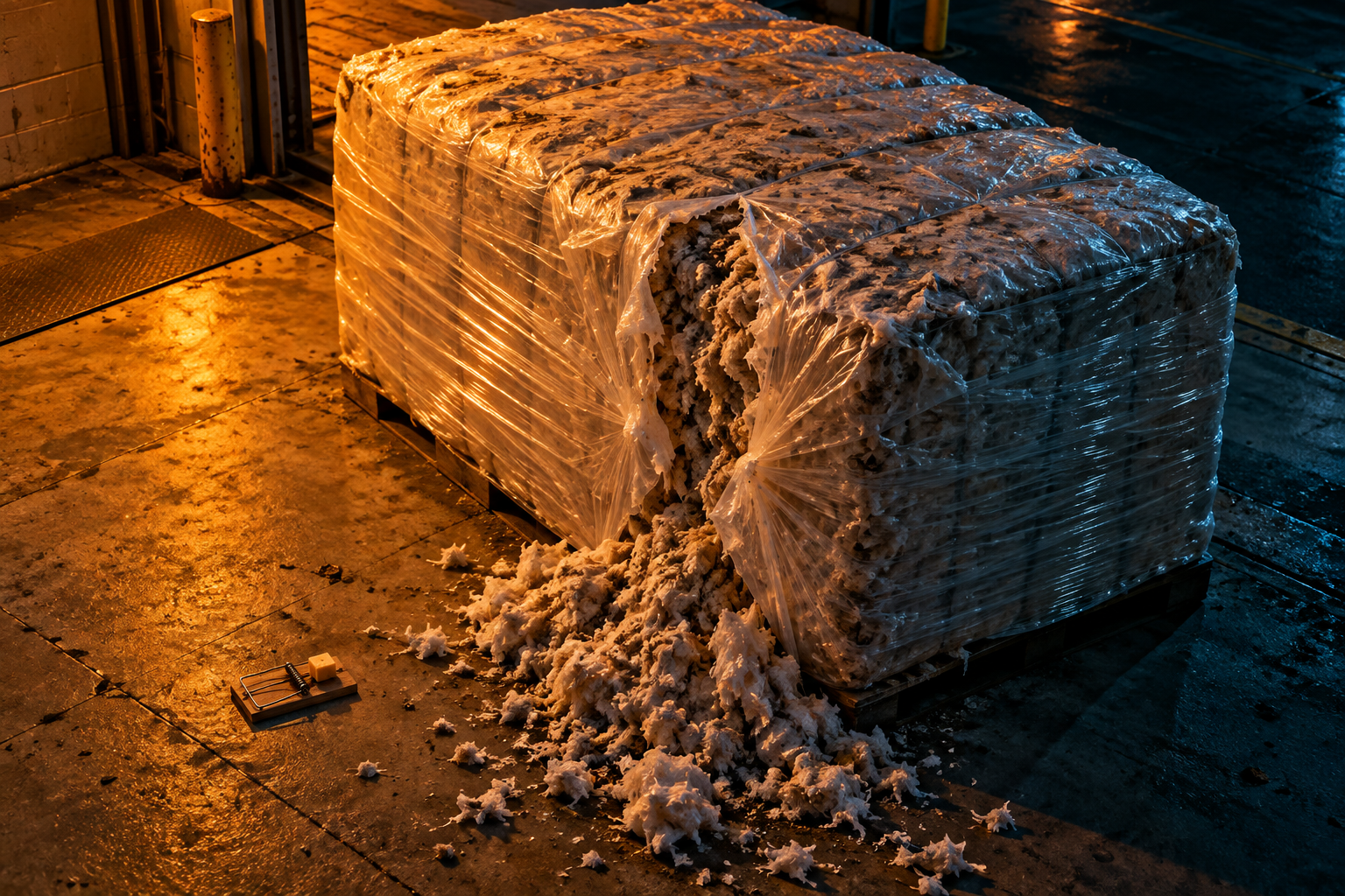 A tightly compressed bale on a loading dock splits open at one seam under orange night lights, with a decoy trap nearby.