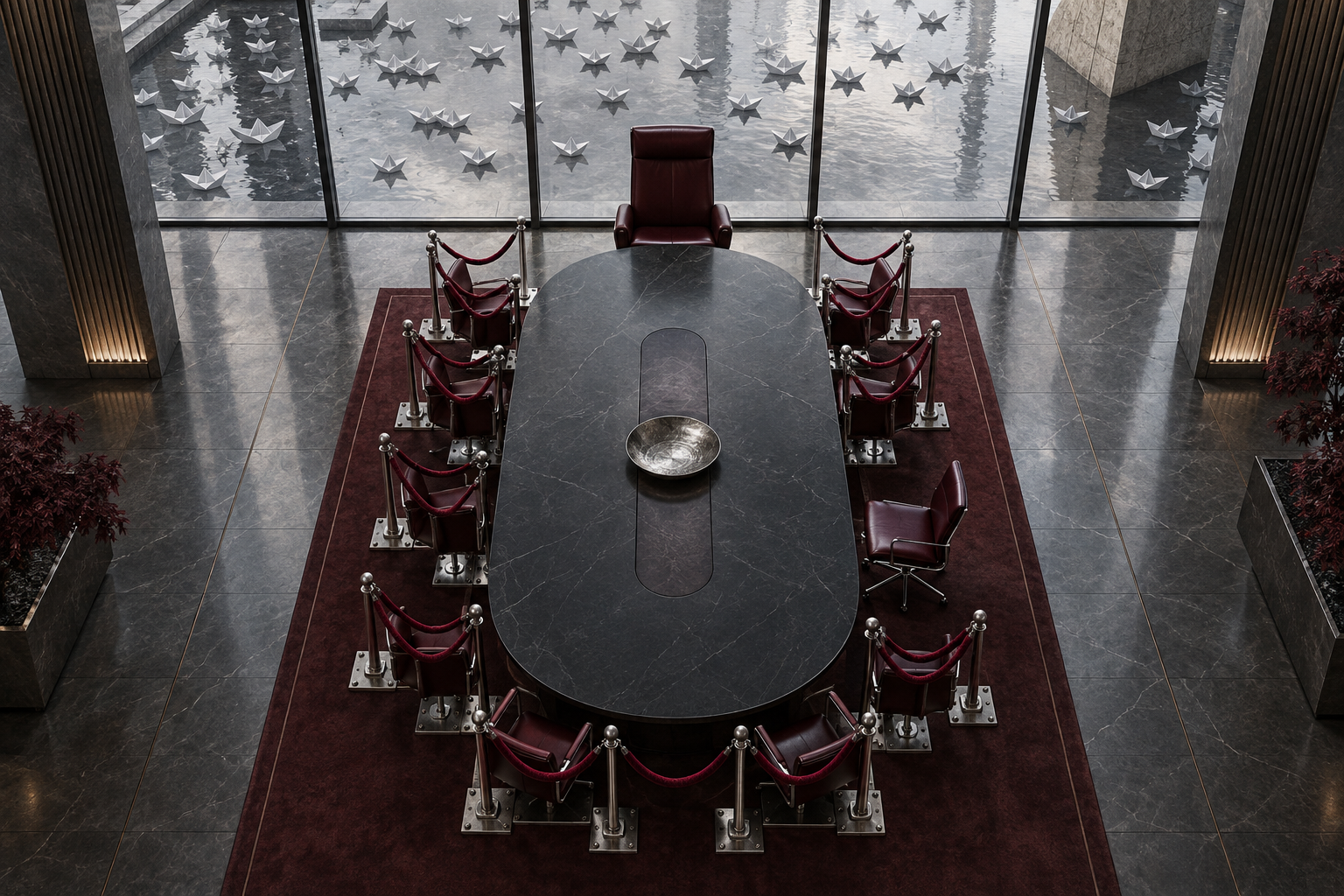A top-down view of a boardroom with roped-off chairs and one empty seat, next to a pool of paper boats.