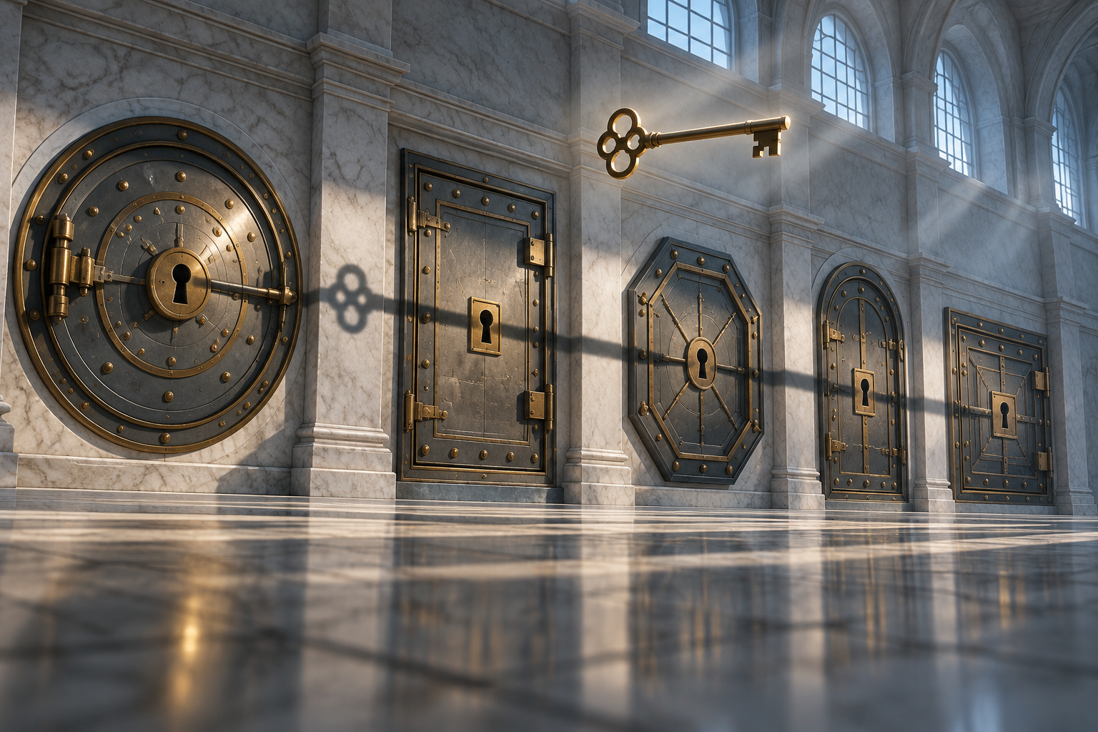 A floating brass key casts its shadow across five different vault doors in a marble corridor.