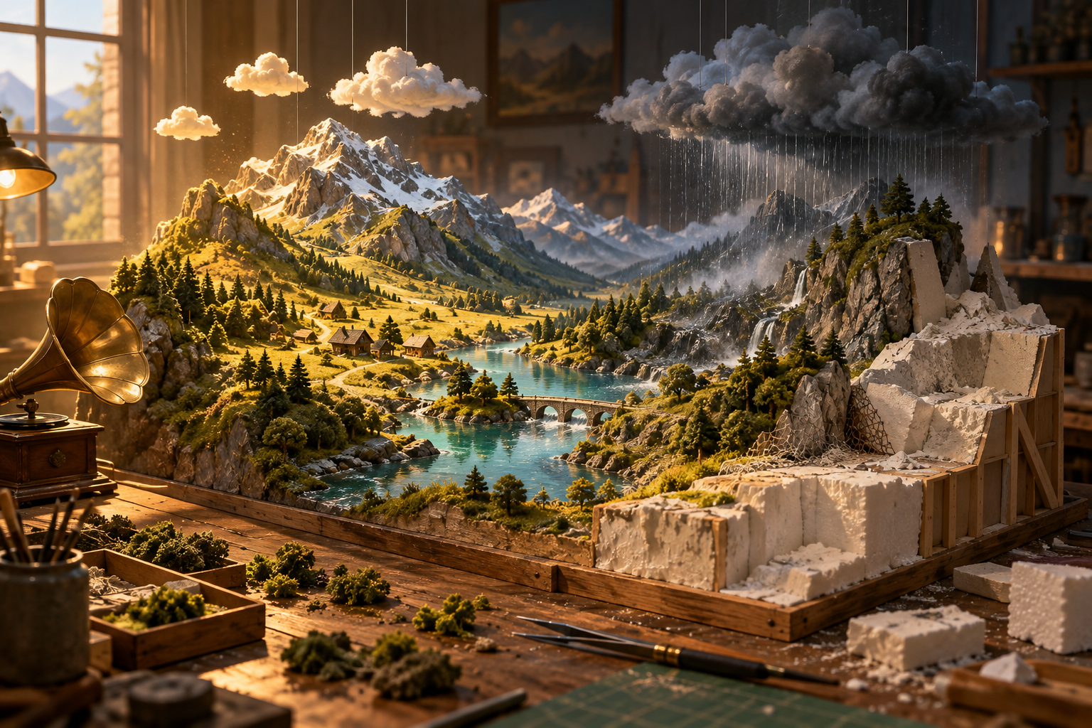 A tabletop diorama of a valley with rain falling on one side and sun on the other, next to a gramophone horn.