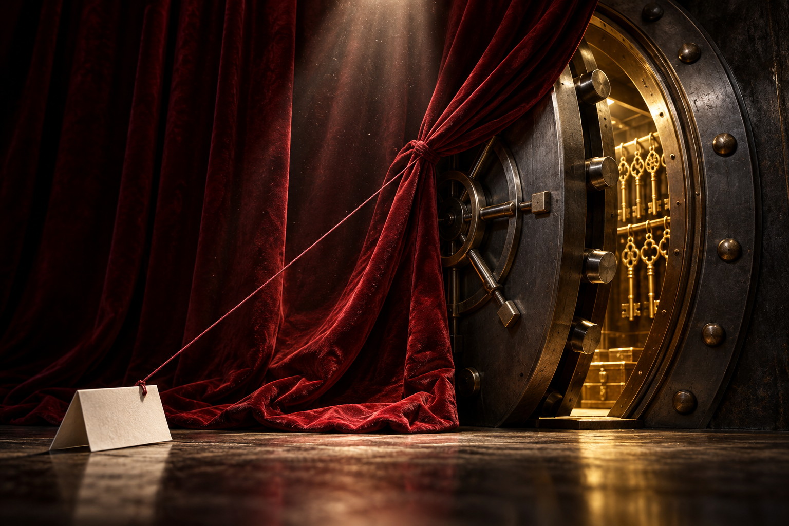 A thread tied to a folded note pulls a velvet curtain away from a vault full of keys.