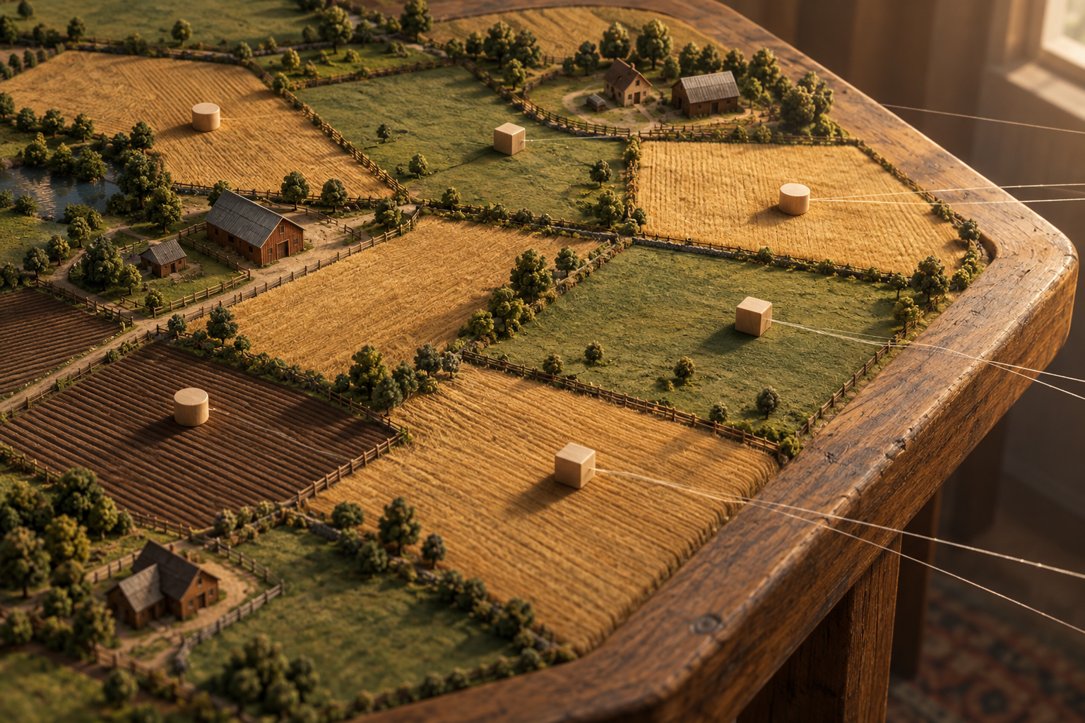 Small wooden markers on a model of farm fields are pulled into new positions by thin threads.