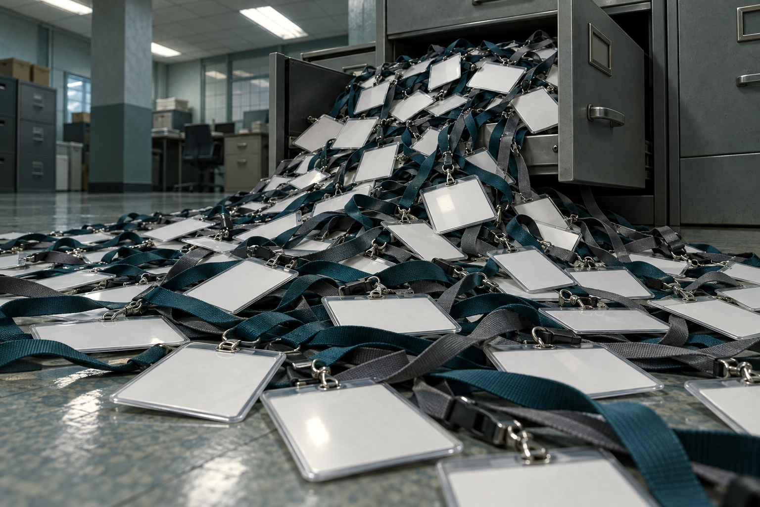 Hundreds of blank ID badges on lanyards spill from an open filing cabinet onto an office floor.