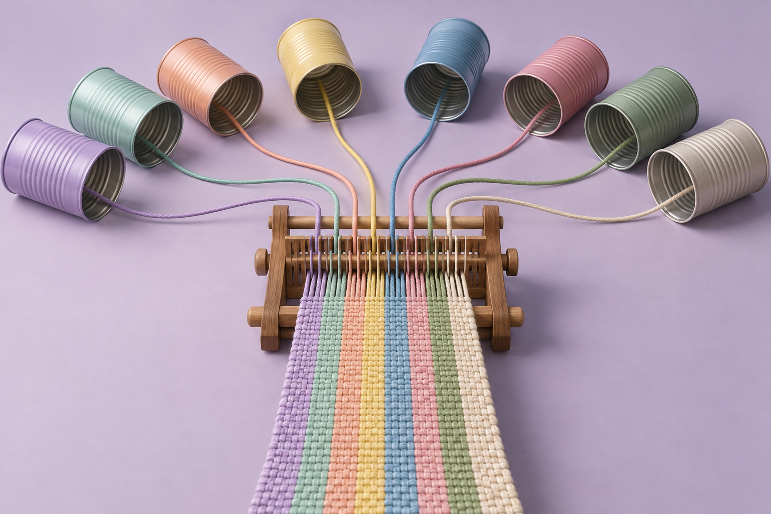 Strings from eight colored tin-can telephones feed into a loom that weaves them into one strip of fabric.
