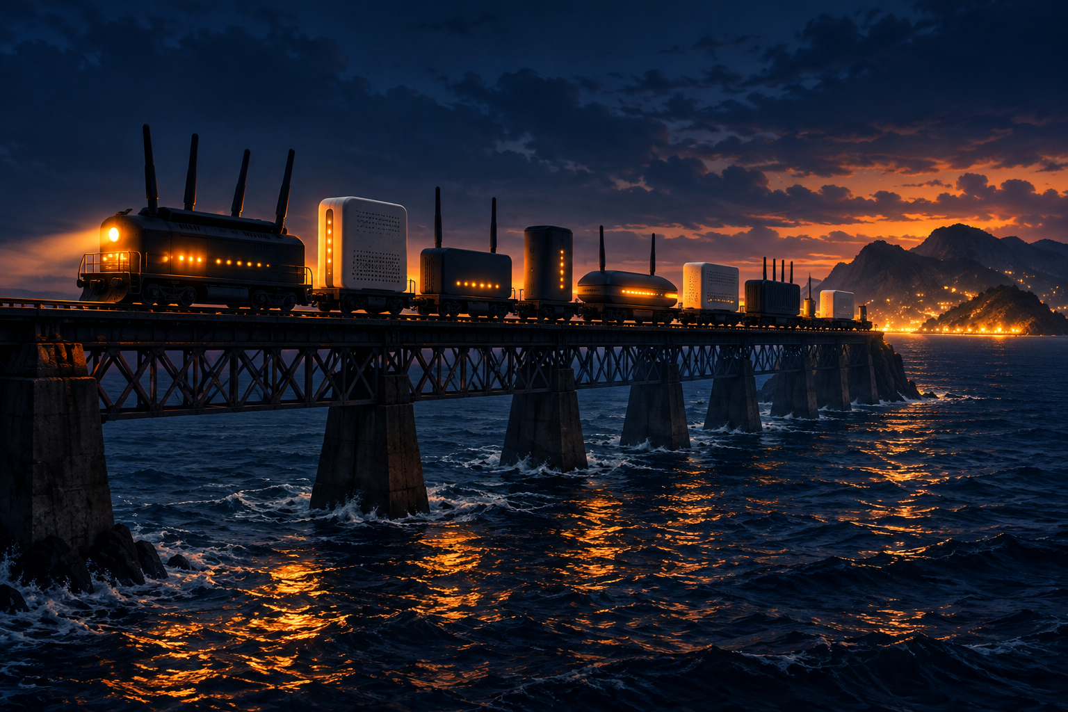 A night train built from home routers crosses a bridge over a dark ocean.