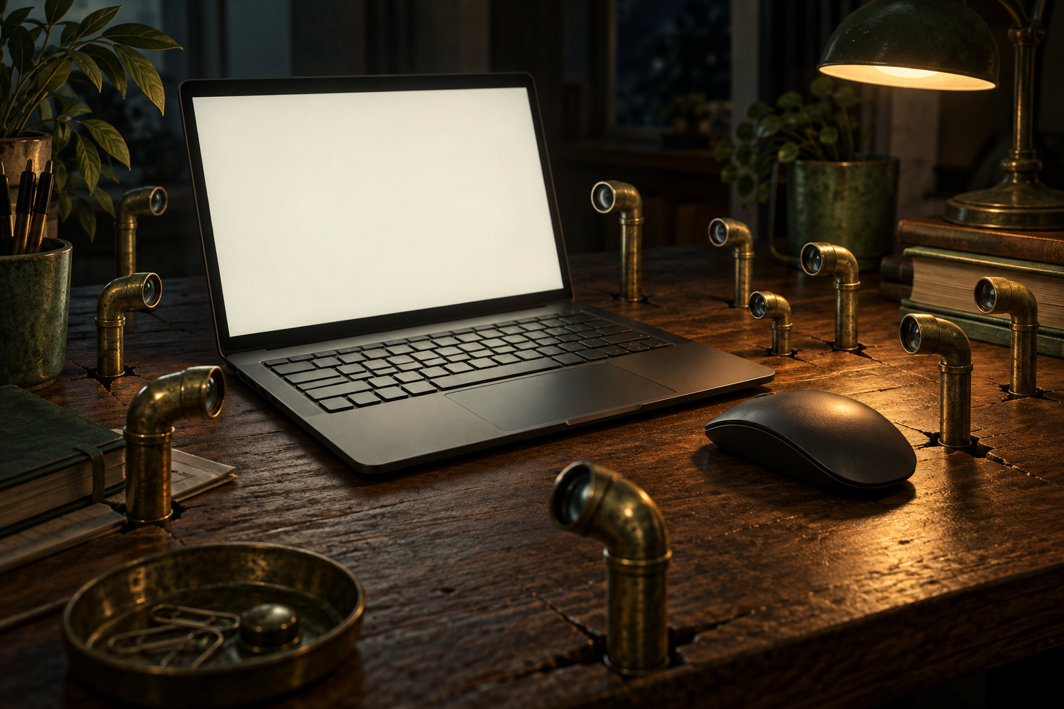 Tiny brass periscopes rise from a home desk at night, aimed at a keyboard and mouse.