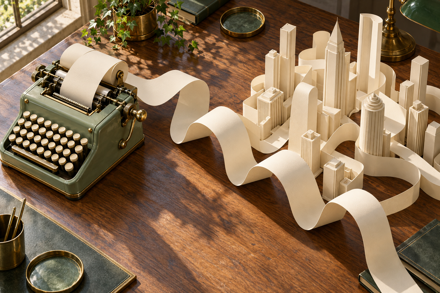 A paper ribbon from an adding machine curls across a desk into the shape of a city skyline.
