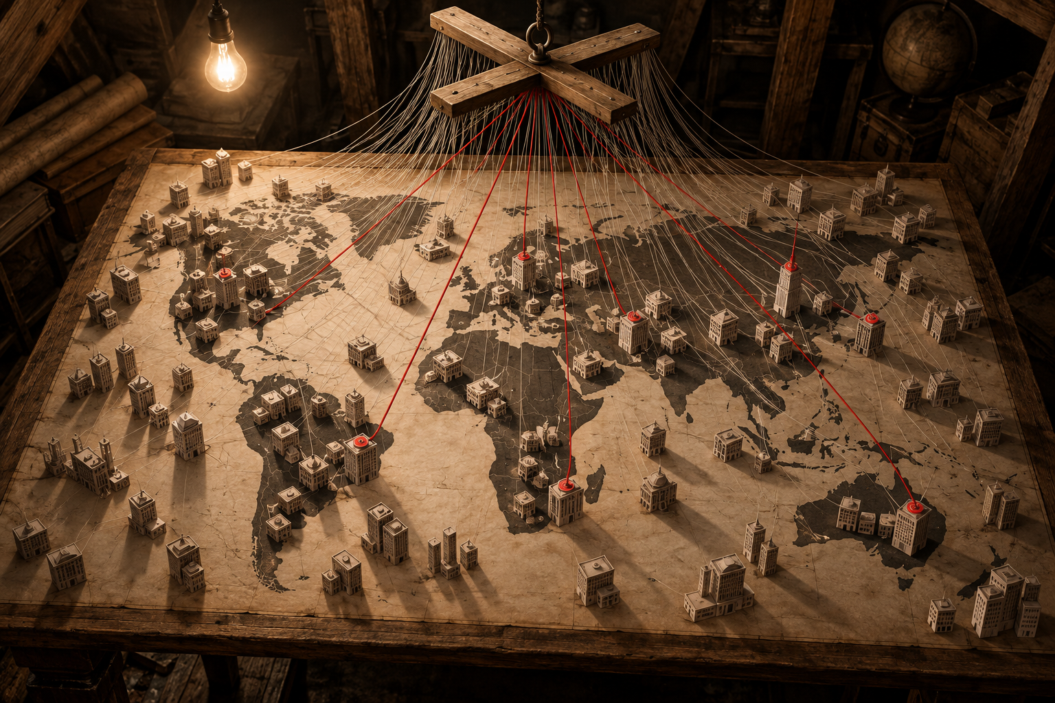 A puppeteer's control bar sends hundreds of threads to paper buildings on a map, nine of them pulled taut.