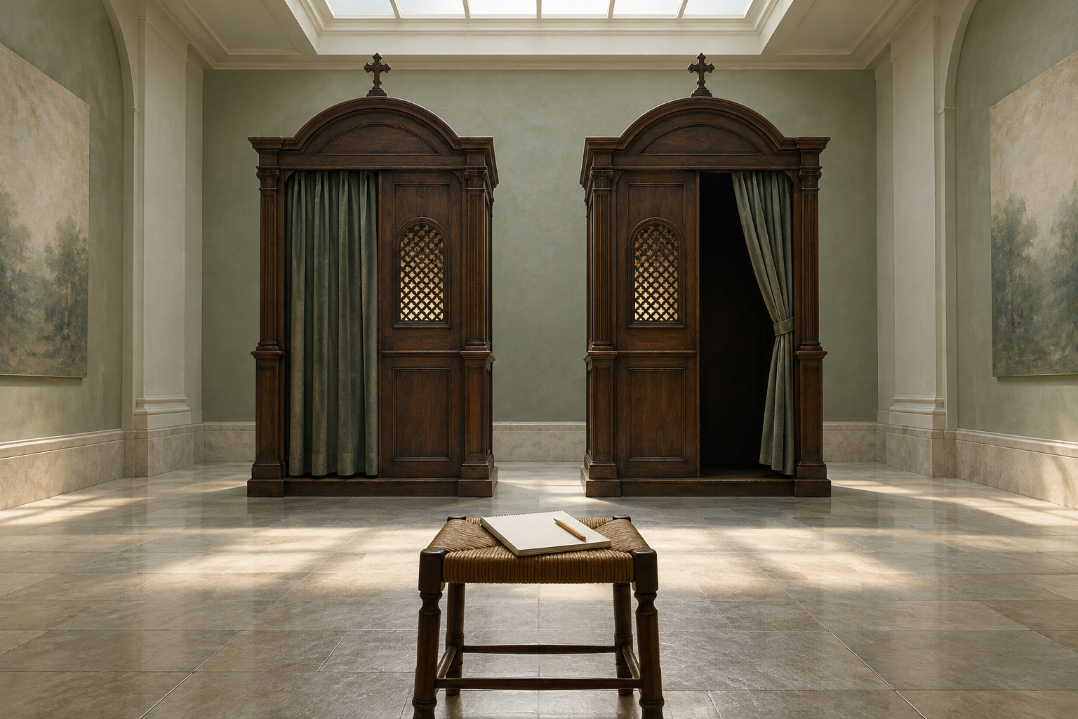 Two identical wooden booths with slotted windows face an empty stool holding a notepad and pencil.