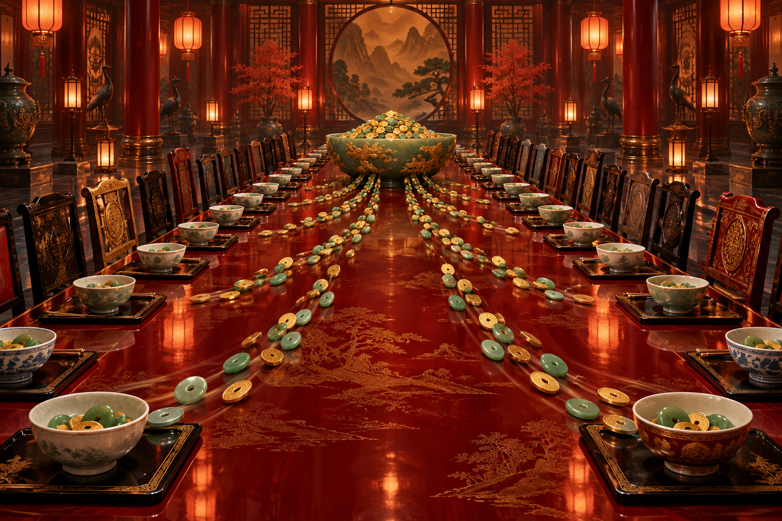 A long lacquered banquet table with about thirty mismatched chairs whose bowls of tokens flow toward one central bowl.