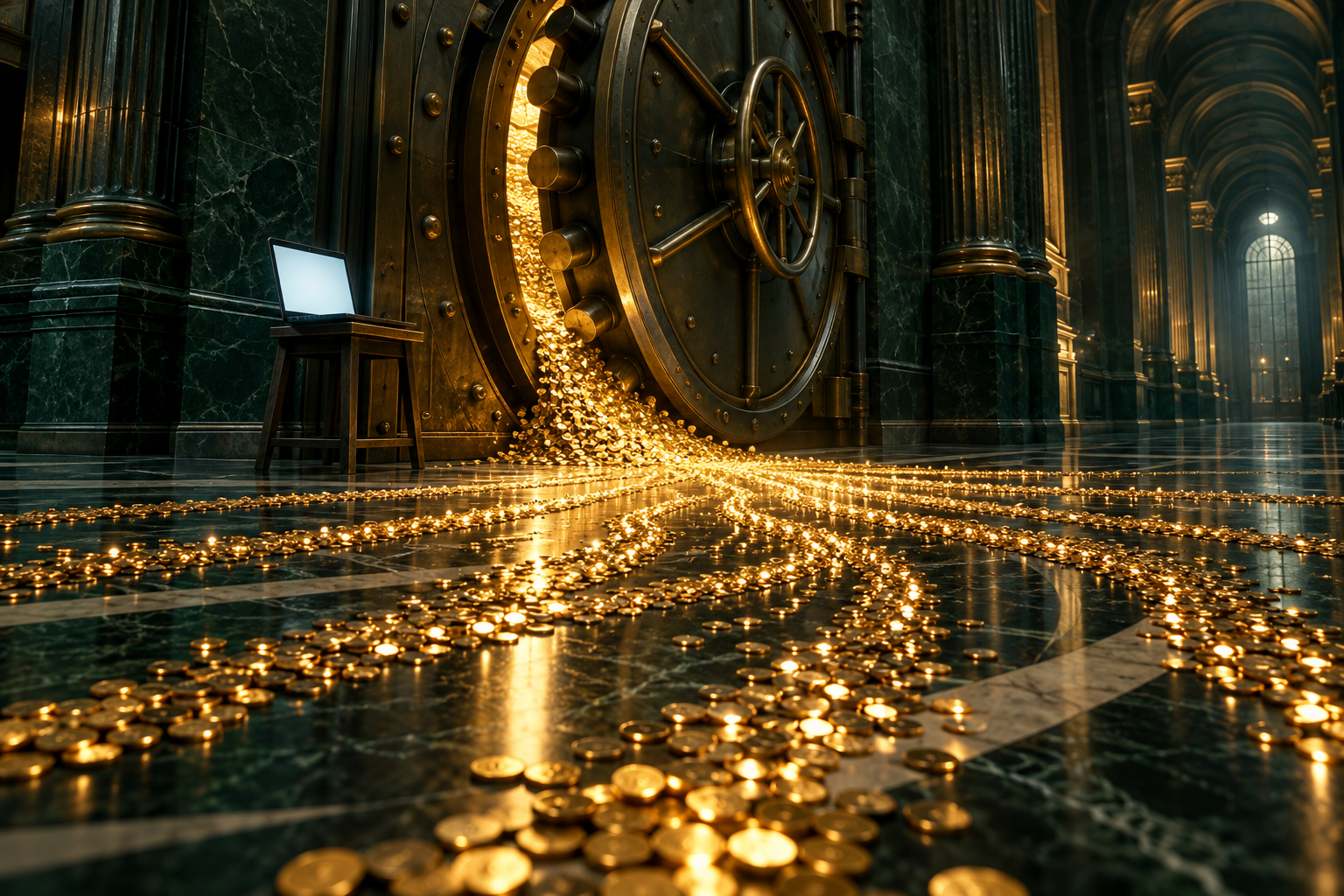 Gold coins stream out of a half-open bank vault door past an abandoned laptop on a stool.