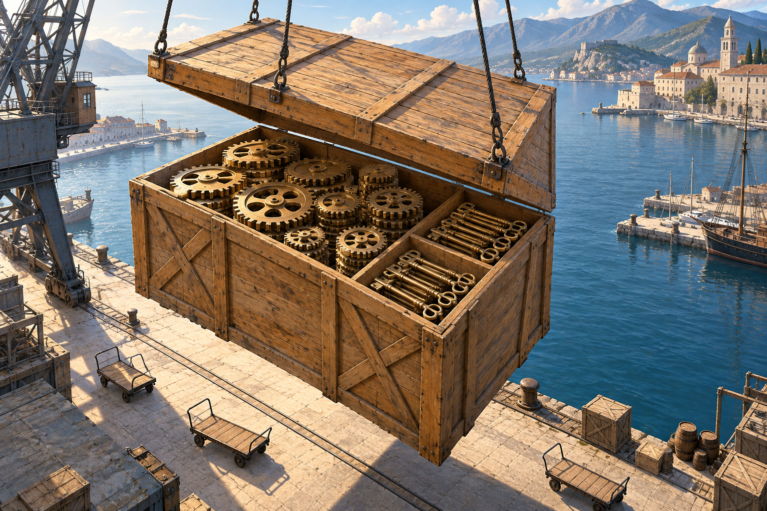 A huge wooden crate full of brass gears and keys is lowered onto a sunny harbor dock.