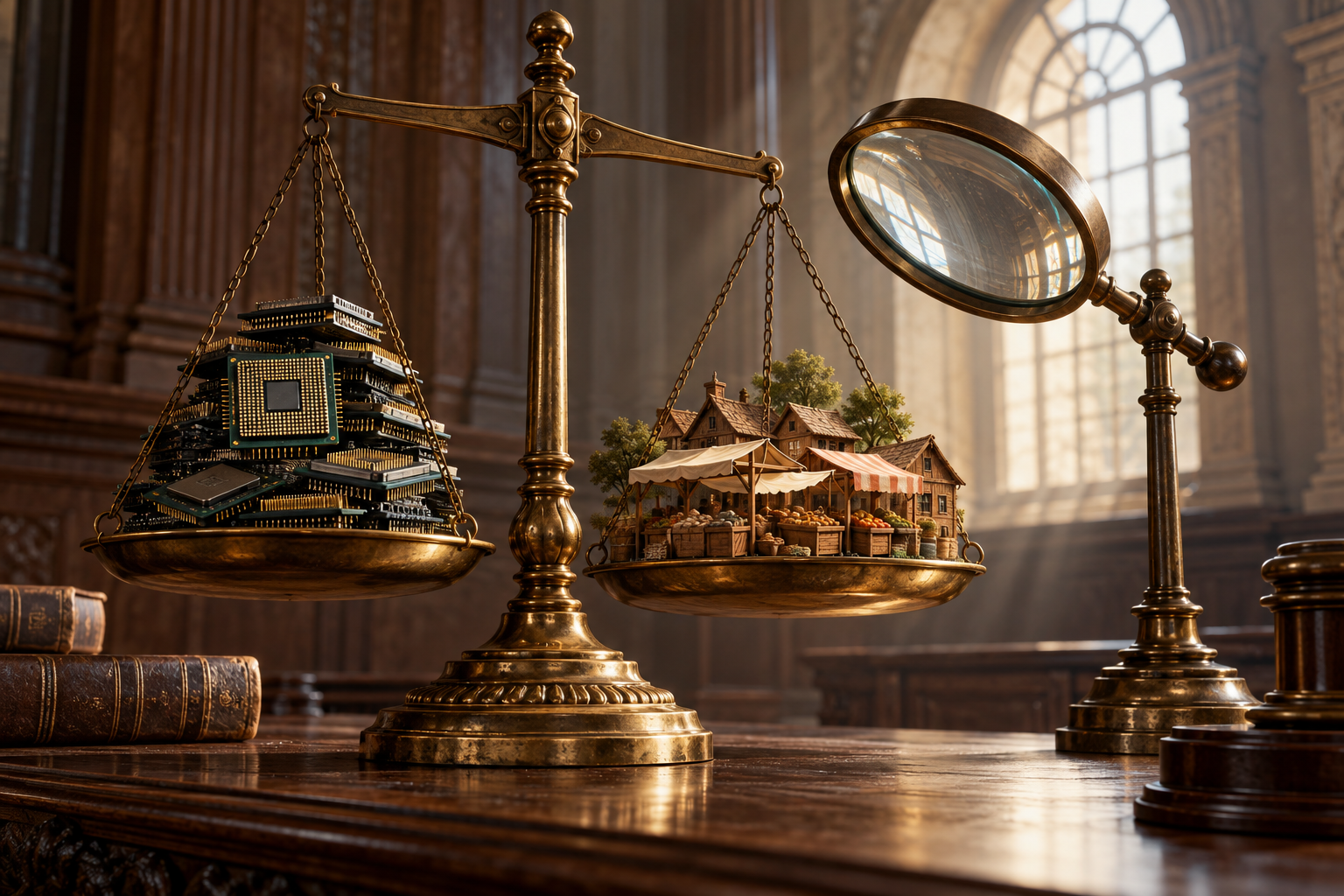 A brass balance scale weighs a pile of computer chips against a tiny wooden marketplace beneath a magnifying glass.