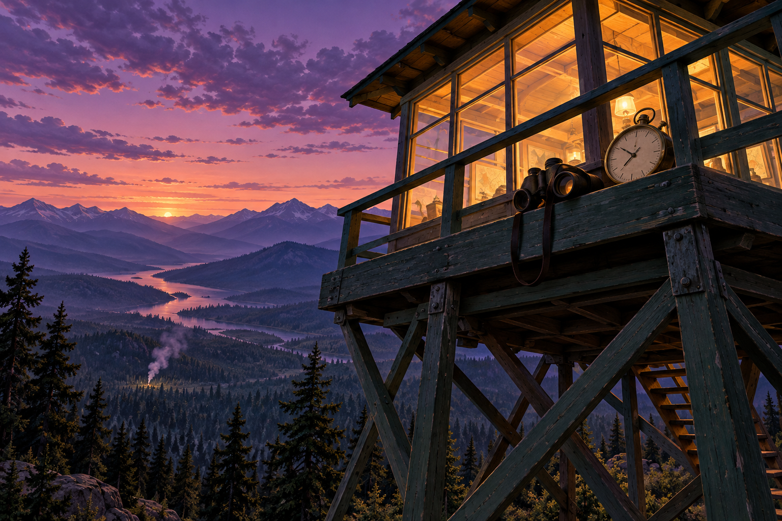 A lit fire lookout tower at dusk, with binoculars and a stopwatch on its railing, overlooks a thin wisp of smoke in a valley.