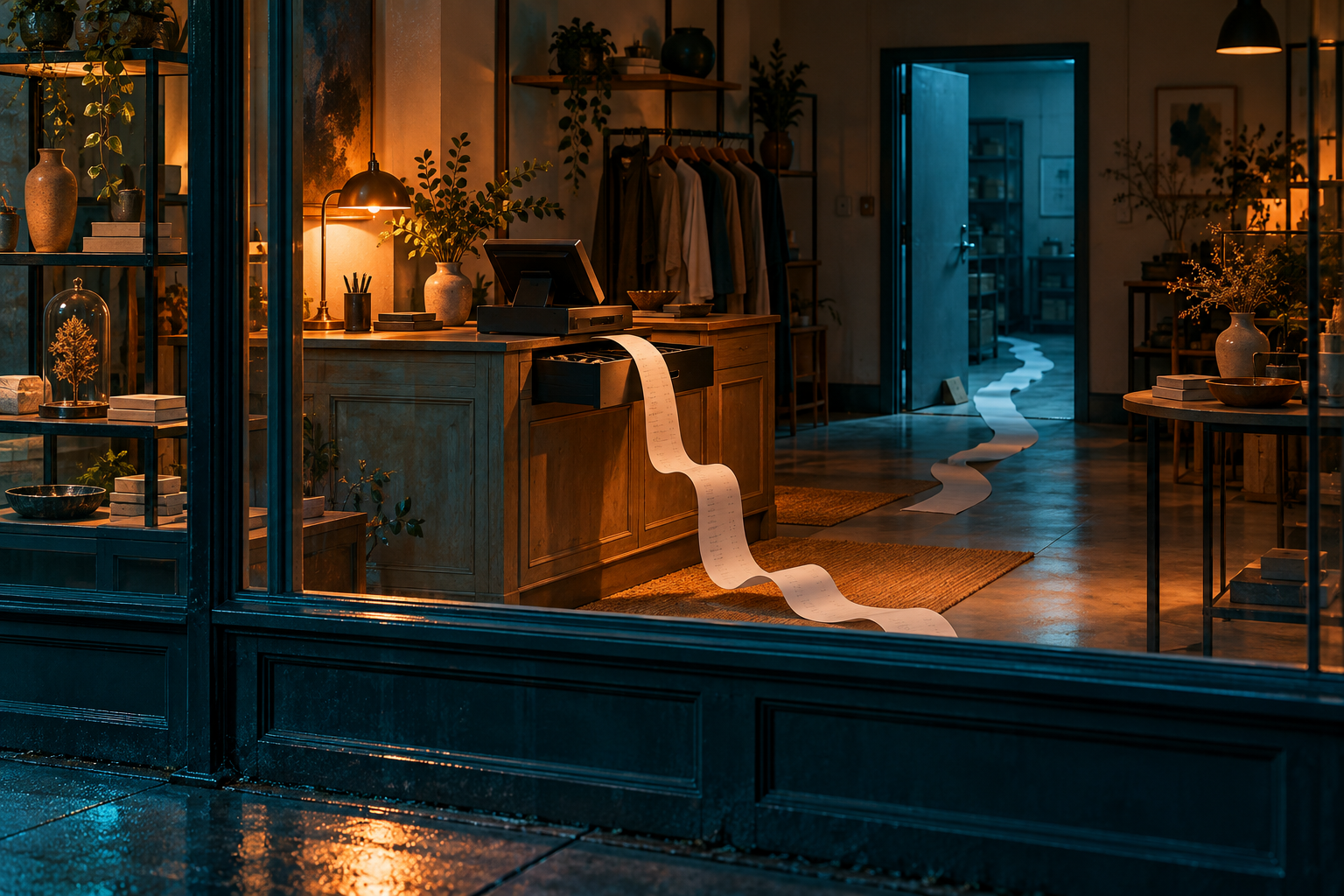 A shop at night with an open cash drawer, a propped back door and a receipt trailing across the floor.