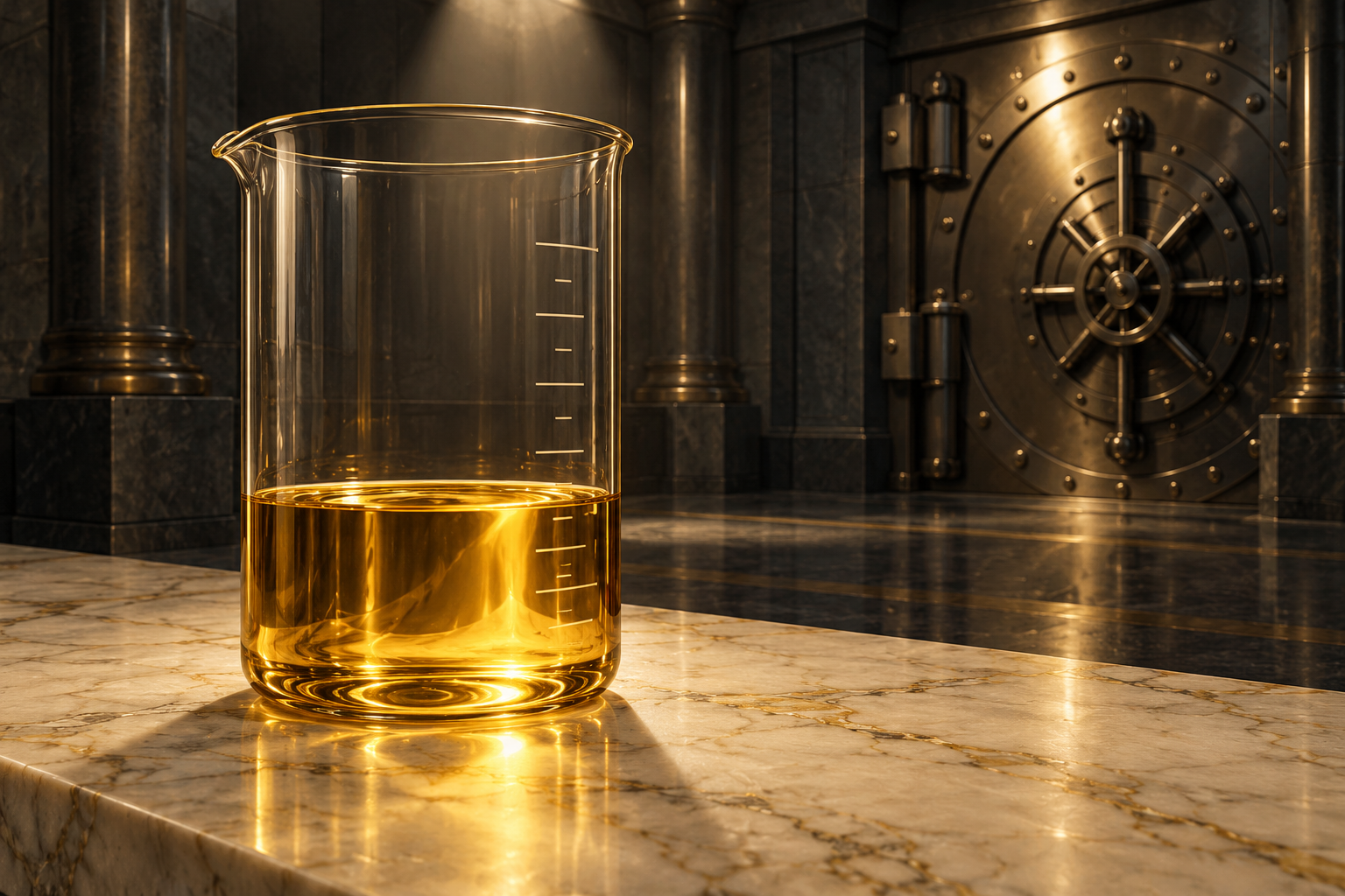 A tall glass beaker filled only a third of the way with liquid gold stands on marble in a quiet vault.