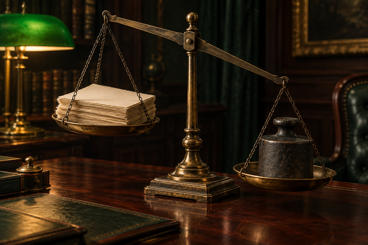 A brass balance scale on a mahogany desk tilts between blank papers and a heavy iron weight under a green lamp.