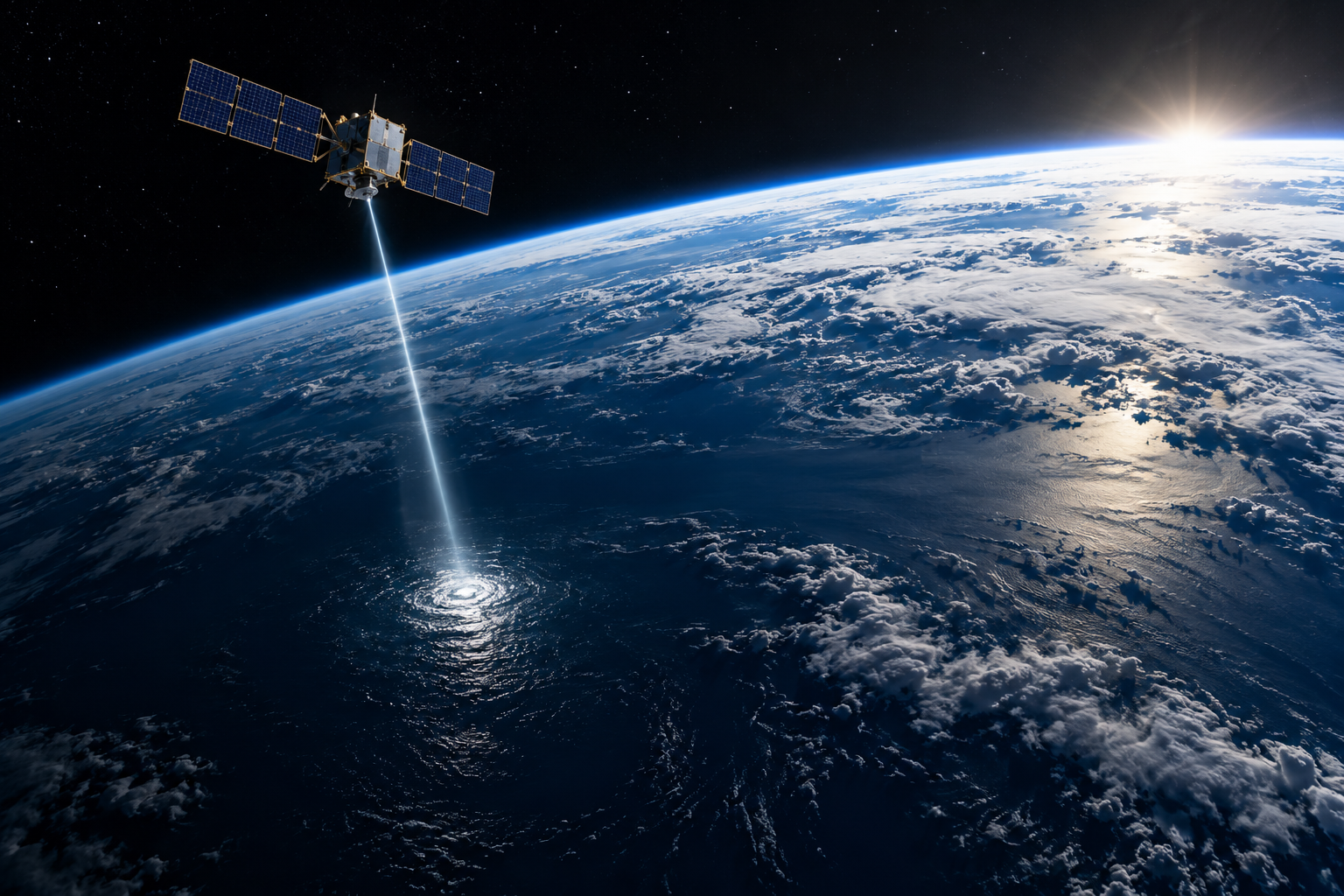 A small satellite with broad solar wings orbits above Earth's horizon and sends a thin beam of light downward.