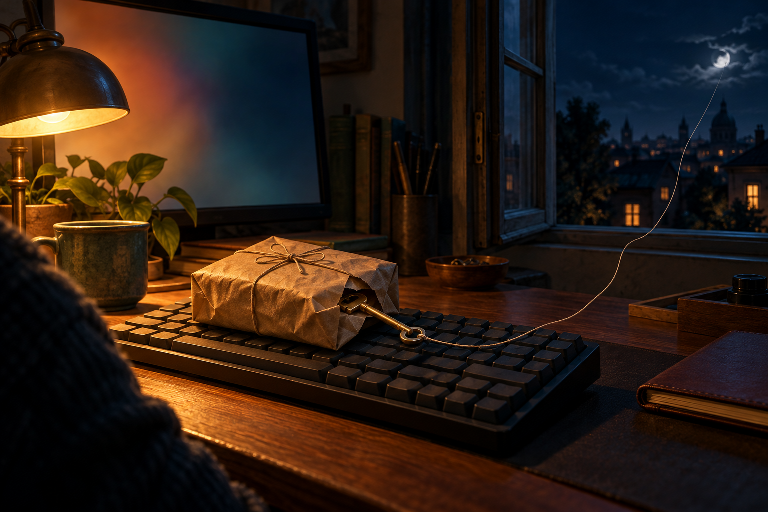 A wrapped parcel on a keyboard lets a brass key slip out and trail a thread through an open window at night.