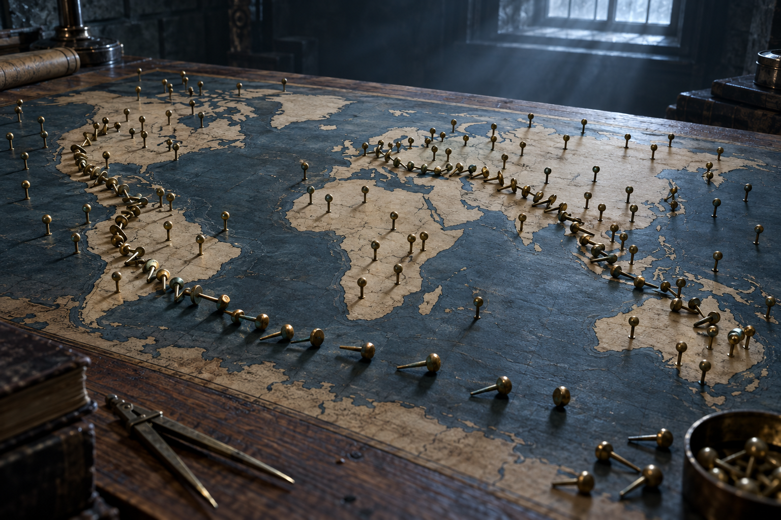 An overhead view of a map table where many small brass pins have been knocked over along curving paths.