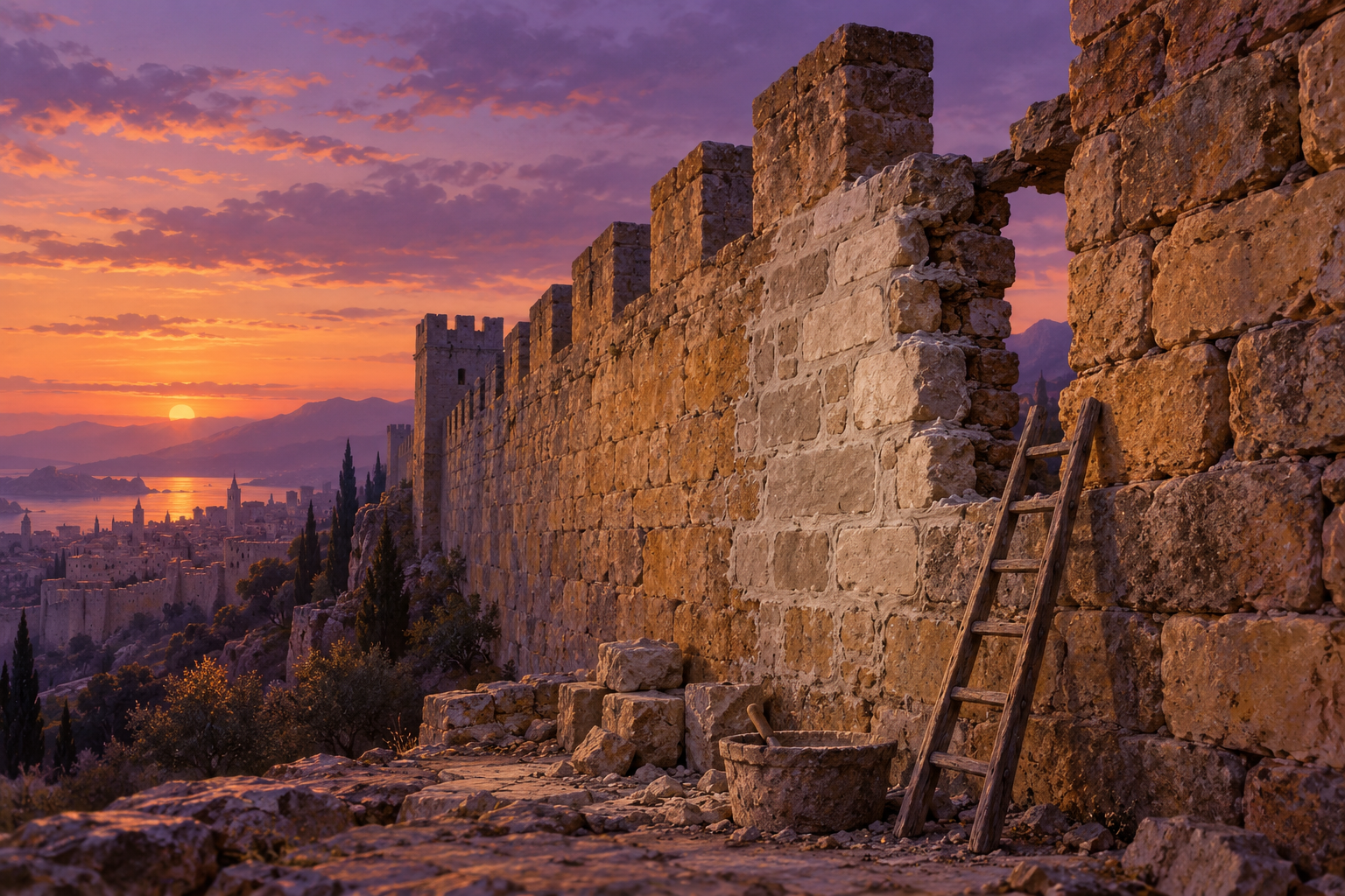A stone wall at dusk has a fresh patch beside a remaining gap, with a slim ladder leaning against it.