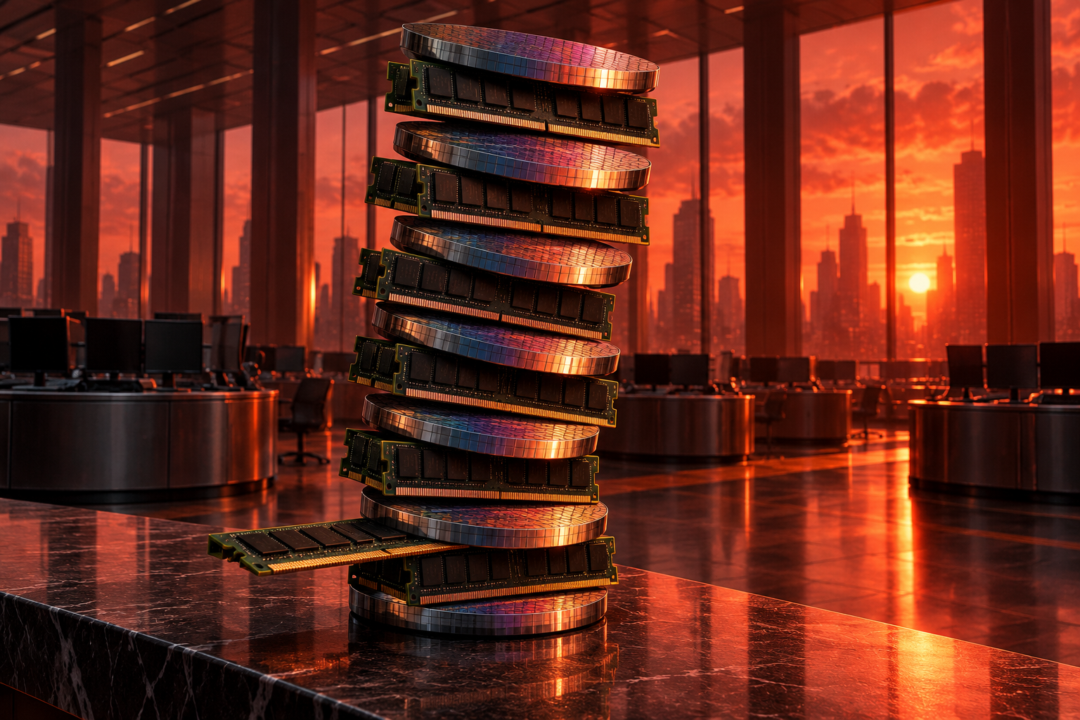 A tall stack of silicon wafers and memory sticks starts to lean as one lower layer slides out.